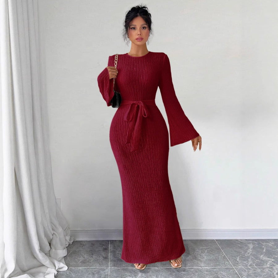 Long-sleeve Flared- Sleeve High-waist Lace-up Round-neck Dress