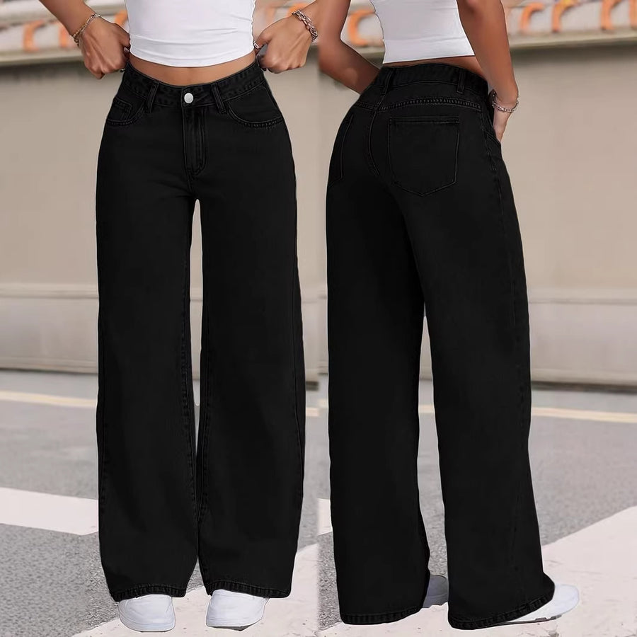 EWOOWE | Draped Floor-length Black Straight-leg Jeans